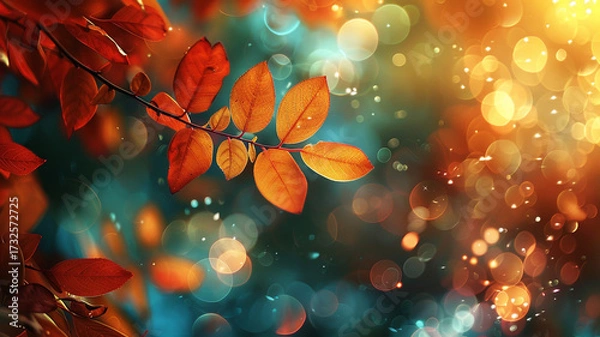 Fototapeta Golden oak leaves layered over mossy ground in soft light.