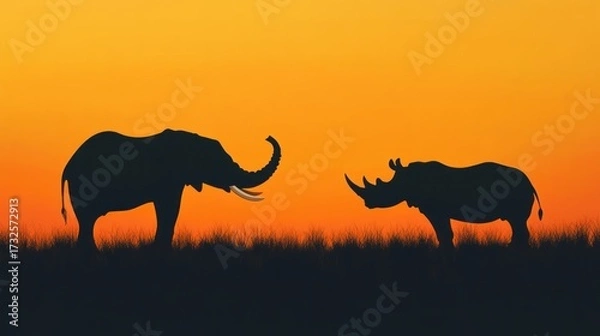 Obraz Silhouette of elephant and rhinoceros against golden sunset