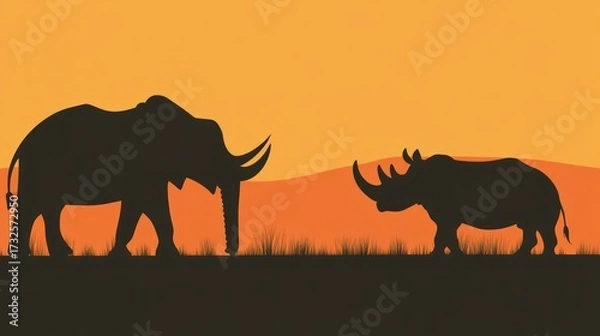 Obraz Silhouette of elephant and rhinoceros against orange sky illustration
