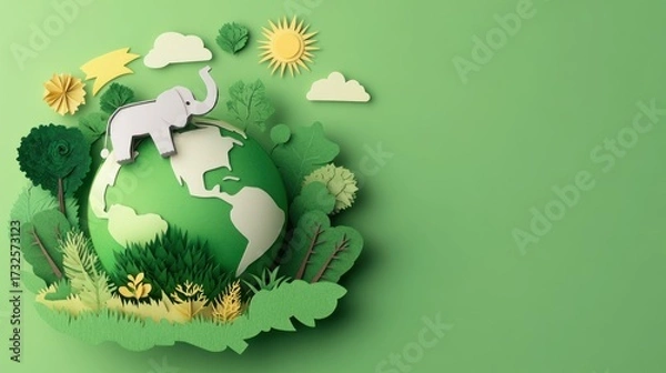 Obraz Paper craft illustration of planet earth with elephant and green foliage