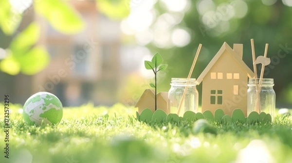 Obraz Miniature house with globe and plants on grass in sunlight for eco friendly concept