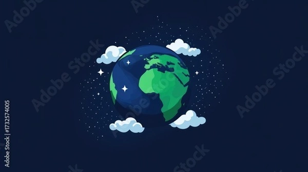 Obraz Stylized earth globe surrounded by clouds and stars on dark background