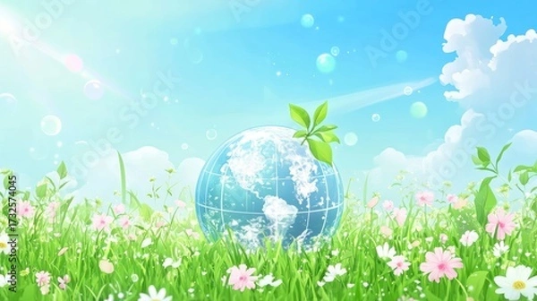 Obraz Globe and green leaf in a field of flowers with blue sky and sunlight