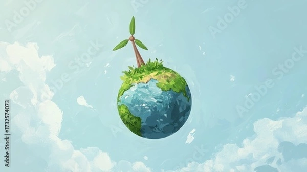Obraz Illustration of planet earth with wind turbine symbolizing sustainable energy