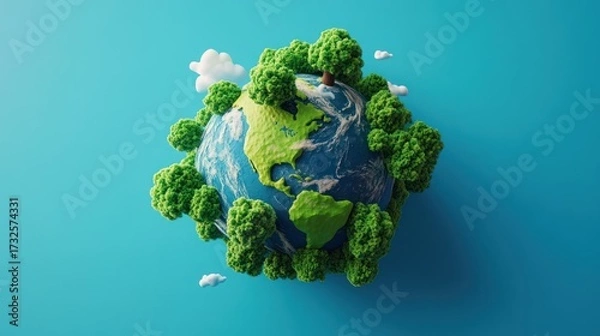 Obraz Miniature earth globe with trees and clouds on a bright blue background