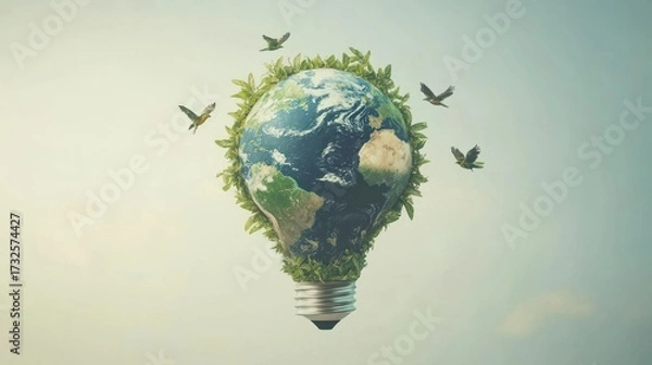 Obraz Conceptual illustration of a lightbulb with the earth globe and birds