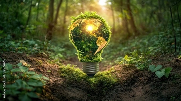 Obraz Eco friendly lightbulb concept in forest representing green energy and nature