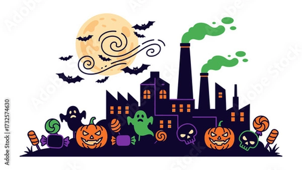 Fototapeta Spooky Factory: A whimsical illustration of a factory scene with a spooky twist. This fun image features a moon, bats, pumpkins, ghosts, candy and the spooky factory itself.