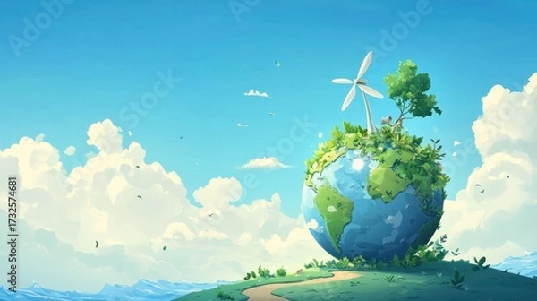 Obraz Environmentally friendly earth globe with wind turbine and greenery under blue sky