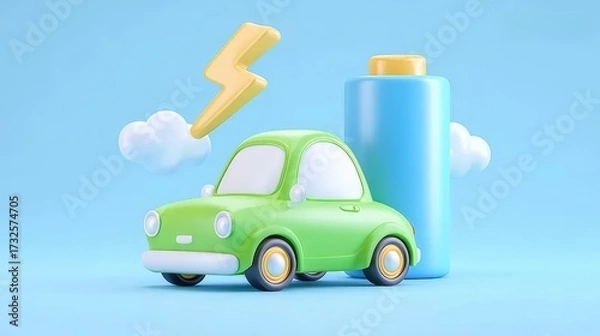 Obraz 漫画の電気自動車と青色の背景を持つ電池