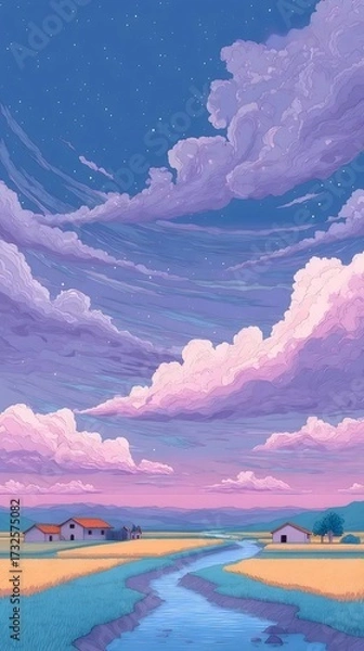 Obraz 穏やかな紫の雲と田園風景のデジタルアート