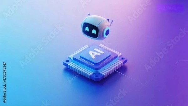 Obraz 青紫の背景にAIチップとロボットヘッドの3Dレンダリング