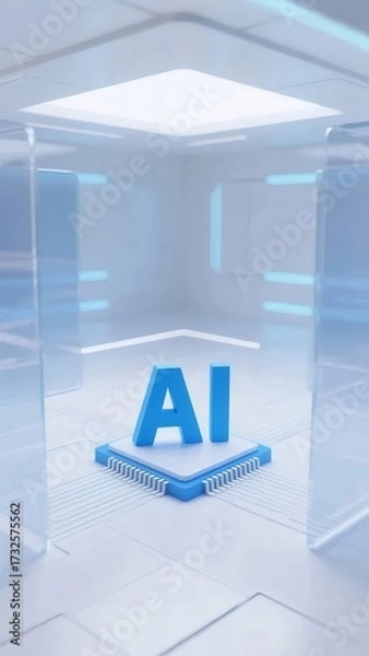 Obraz 青色AI文字とチップを囲む透明なガラスキューブ