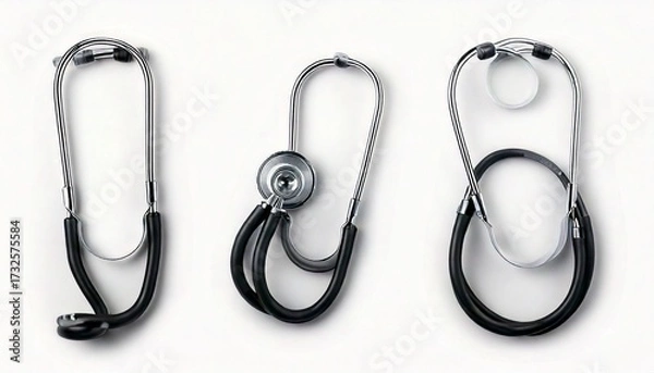 Fototapeta Three Stethoscopes Lying on a White Background Illustrating Different Angles and Perspectives