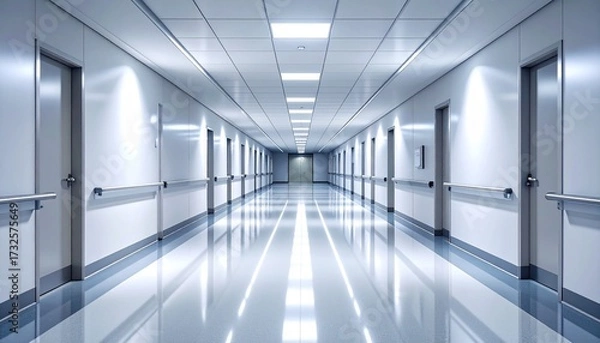 Fototapeta An endless, sterile white corridor in a contemporary medical clinic, illustrating the concept of a path towards healing and modern science