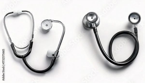 Fototapeta Essential Medical Tools Two Stethoscopes Symbolizing Healthcare, Diagnosis, and Professional Medical Practice on a Clean White Background for Health and Wellness Concepts