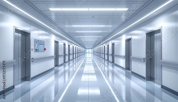 Fototapeta Modern hospital corridor with elevators and bright lighting, showcasing futuristic design and sterile environment for healthcare services and patient care