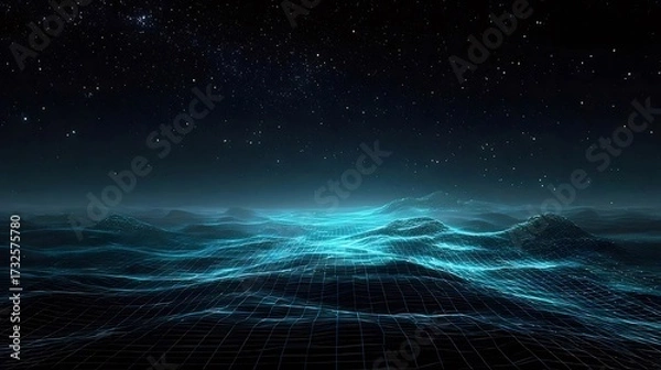 Obraz 青い光る都市景観と暗い星空の抽象的な背景