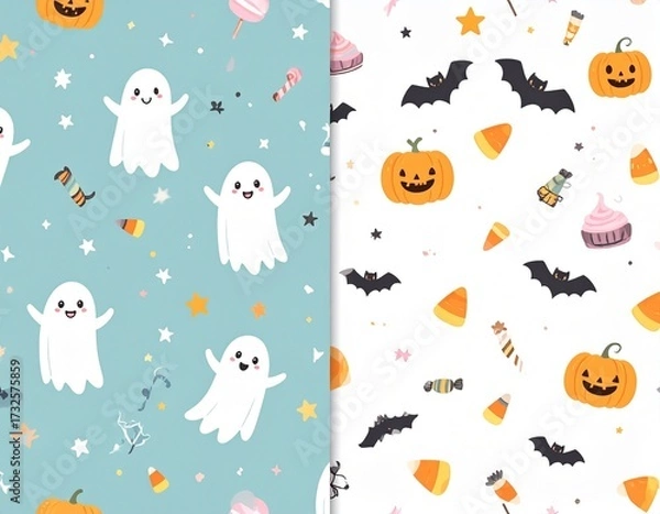 Fototapeta Set of two adorable Halloween seamless patterns featuring cute ghosts, smiling pumpkins,bats, and sweet treats. Ideal for children's decor and party invitations