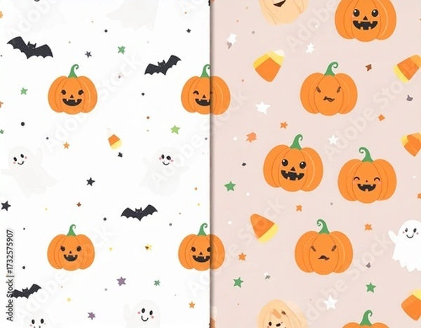 Fototapeta Festive Halloween Seamless Patterns Pumpkins, Ghosts, Bats, and Candy Corn for Backgrounds