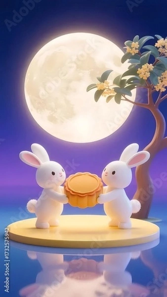 Obraz 月餅を抱えた二匹の白ウサギ