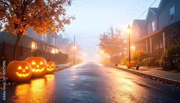 Fototapeta A spooky Halloween scene, street lined with houses and illuminated jack-o'-lanterns. A misty ambiance creates a thrilling environment 