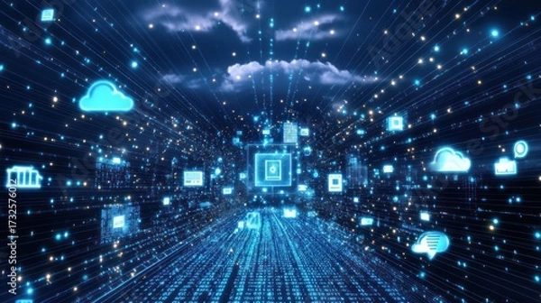 Obraz Digital cloud computing concept with data flow and network connections