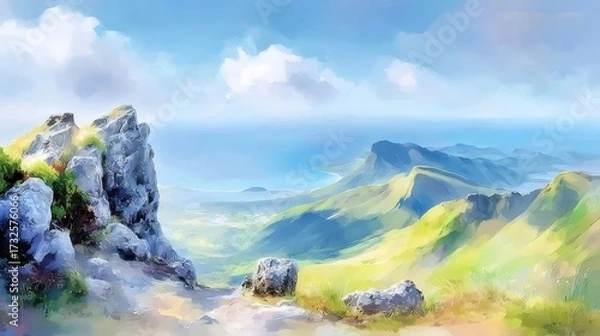 Obraz 晴れた日の岩山から望む緑豊かな山々と海