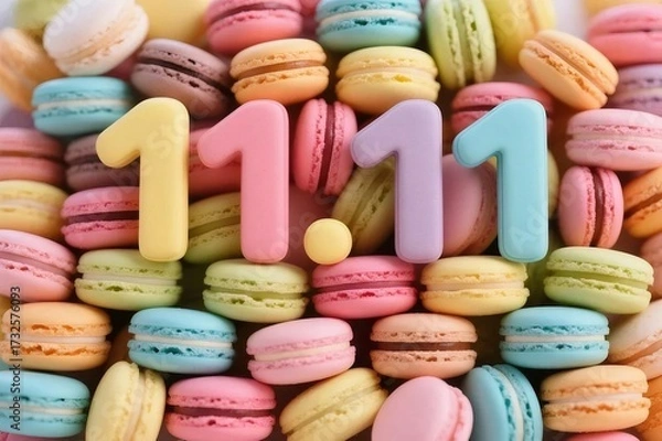 Obraz パステルマカロンの山とカラフルな数字の装飾