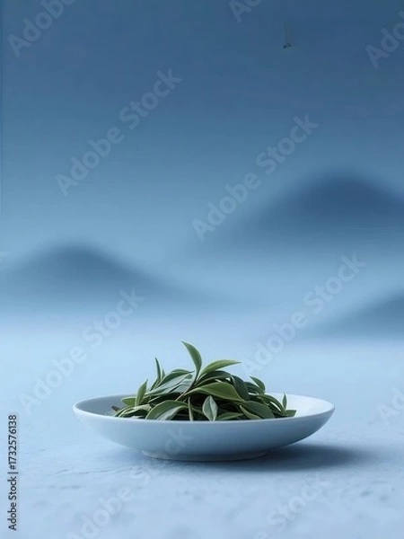 Obraz 薄緑茶葉入り 白いボウル 淡い背景 山並み
