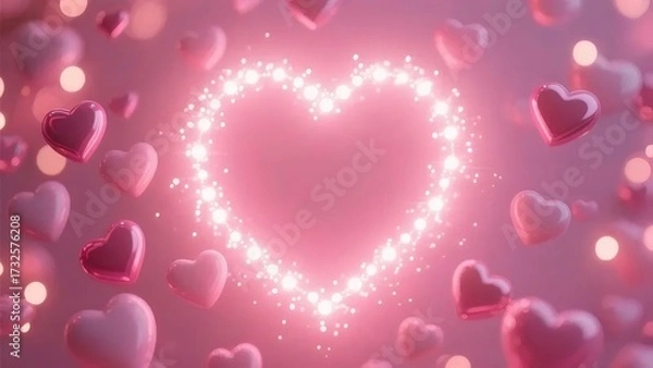 Obraz ピンクのハート型ライトとボケたハート バレンタインデー