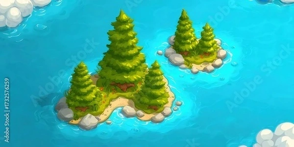 Obraz 青い海と緑の木の島々のピクセルアート