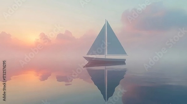 Obraz 霧にかすむヨット 静かな海とピンク色の空の日の出