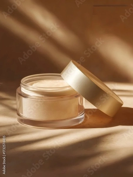 Obraz 木の葉の影に映えるゴールドのふた付きベージュパウダー