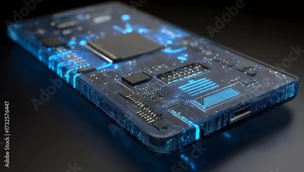 Obraz 青色の半透明なスマートフォン回路基板のクローズアップ