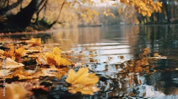 Obraz 秋の葉が水面に浮かぶ穏やかな光景