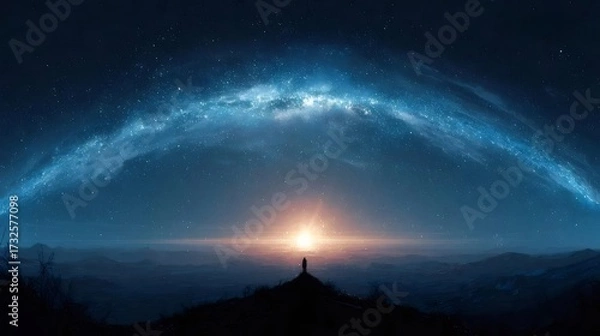 Obraz 青い銀河と星空の広がる風景