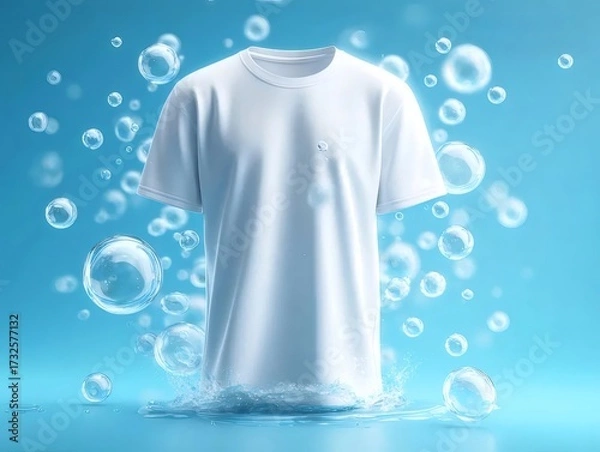 Obraz 白Tシャツ浮かぶ泡と青色の背景のイメージ