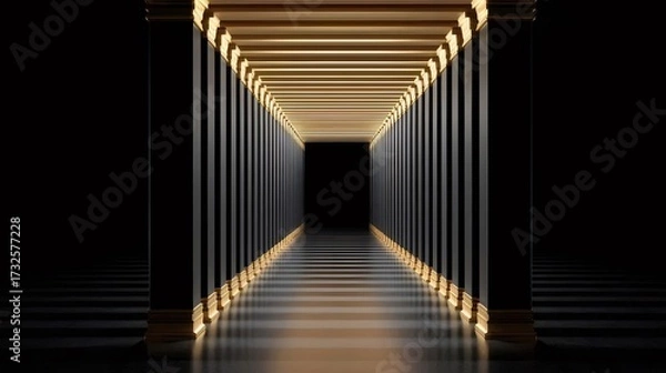 Obraz 黒とゴールドの柱が並ぶ廊下 暗闇に光る抽象的な構造