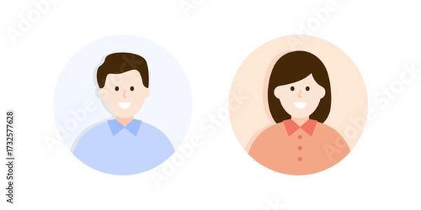 Obraz Smiling man and woman avatar profile icon. Happy businessman and businesswoman portrait. Flat vector people character design isolated illustration.