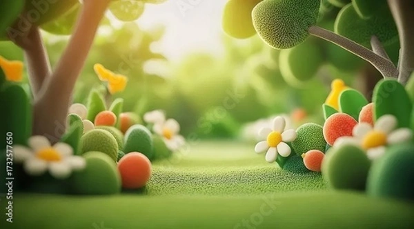 Obraz 鮮やかな緑の草と花のカートゥーンの庭