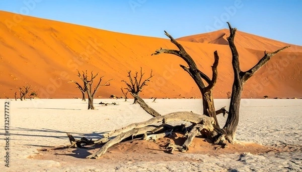Obraz Dead trees against a vibrant orange dune landscape