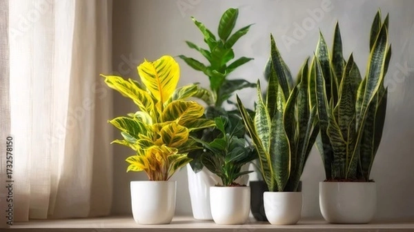 Obraz 窓際の白い棚に置かれた様々な鉢植えの植物