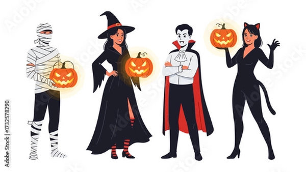 Fototapeta Spooky Spectacle: An illustrated depiction of four figures in iconic Halloween costumes holding glowing jack-o'-lanterns, evokes a sense of joyful fright.