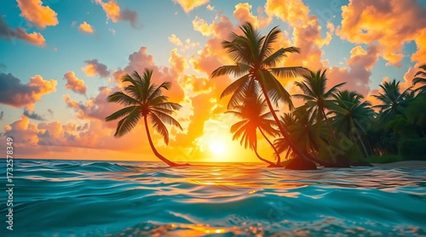 Fototapeta Tropical Beach Sunset with Palm Trees and Golden Sky