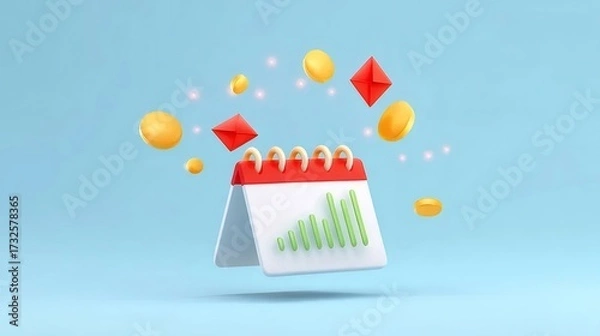 Obraz カレンダー上のチャートとコイン 赤と白のモチーフ 青い背景