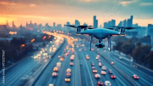 Obraz ドローンによる夕暮れの高速道路の航空写真