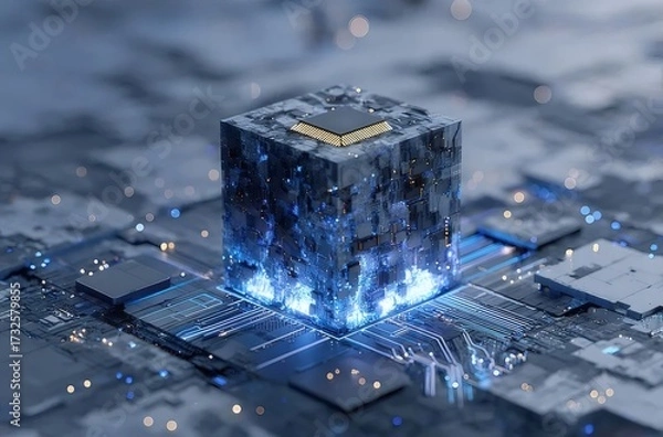 Obraz 中央に光る立方体がある青い回路基板