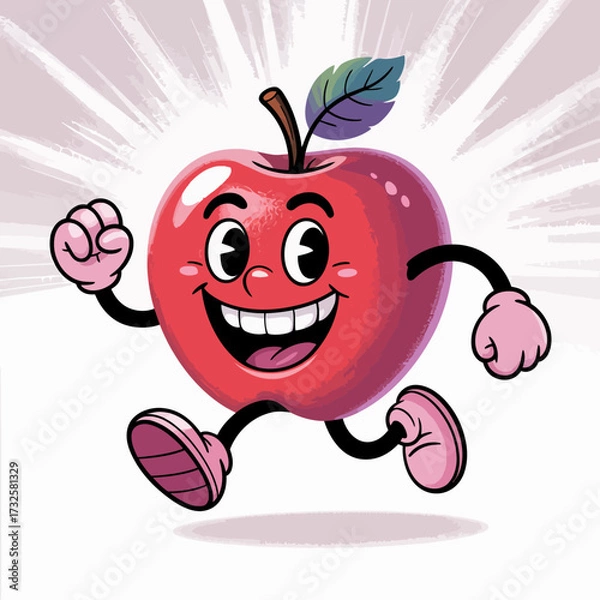 Fototapeta This vibrant cartoon apple character showcases a joyful demeanor, running energetically with a big smile, embodying fun and positivity through its playful design and bright colors.