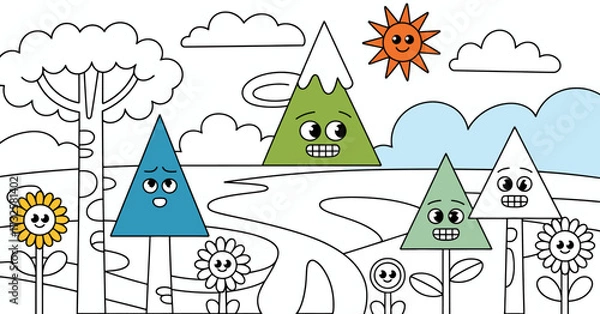 Fototapeta This vibrant illustration showcases cheerful geometric shapes against a playful landscape with trees, flowers, mountains, and a bright sun, creating a whimsical and joyful scene.